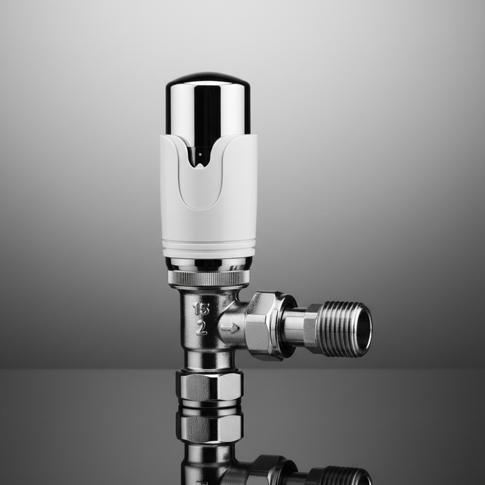 Kartell Designer Thermostatic Radiator Valve White & Chrome TRV Angled 15mm
