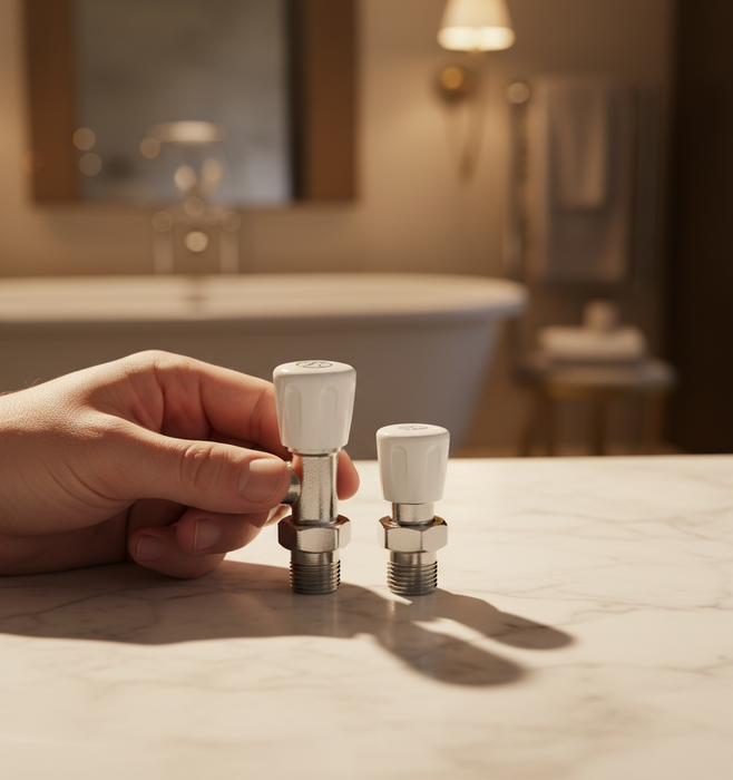 Kartell Angled Radiator Valves Pair — Chrome with White Handles, 15mm Thermostatic TRV & Lockshield Set, Universal Fit UK Standard Radiators, Easy-Install Designer Finish for Bathroom & Home Heating