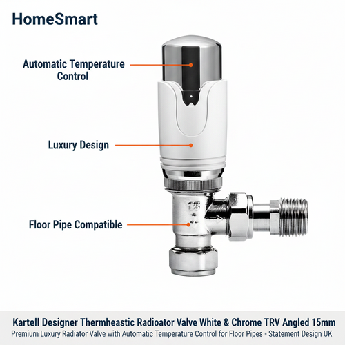 2 x  Kartell Designer Thermostatic Radiator Valve White & Chrome TRV Angled 15mm