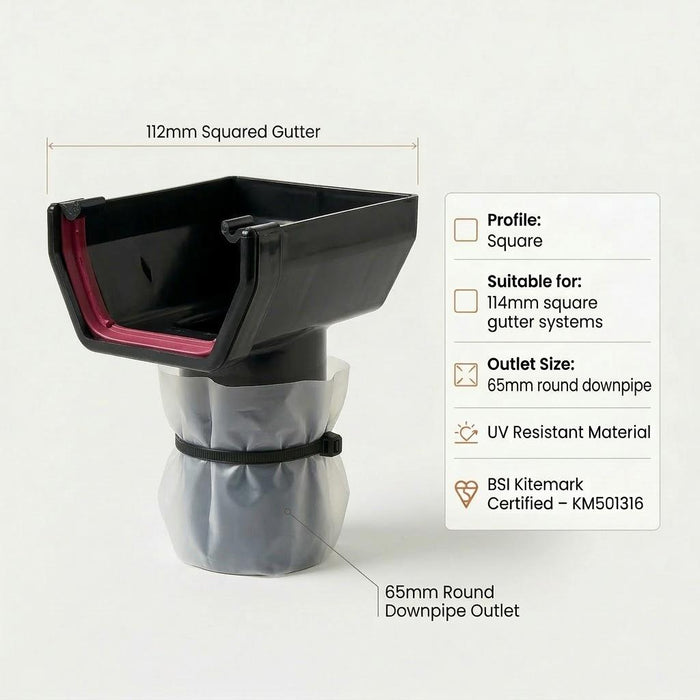 Black 15m Squared Gutter Stop End Outlet Kit 114mm