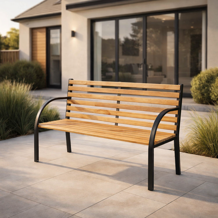 2 Seater Garden Bench with Hardwood Slats & Powder-Coated Steel Frame