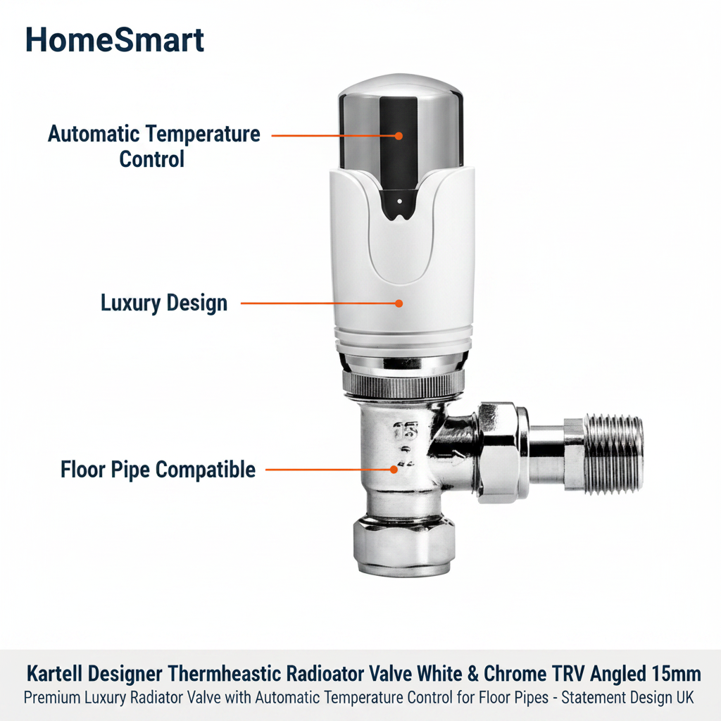 4 x Kartell Designer Thermostatic Radiator Valve White & Chrome TRV Angled 15mm