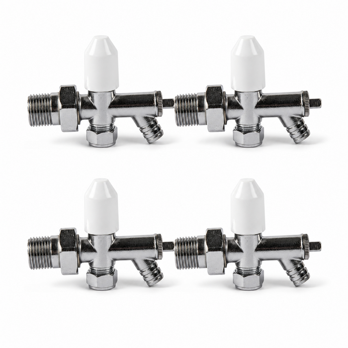 4 x 10mm Drain Off Valve Chrome - 1/2" BSP Radiator Drain Cock with White Handle & Hose Tail
