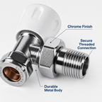 Kartell Angled Radiator Valves Pair — Chrome with White Handles, 15mm Thermostatic TRV & Lockshield Set, Universal Fit UK Standard Radiators, Easy-Install Designer Finish for Bathroom & Home Heating