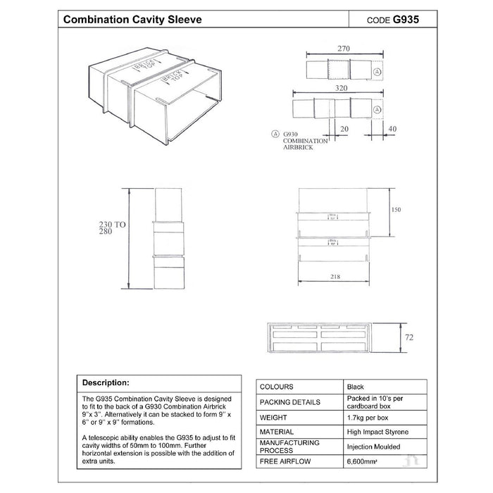 2 x Cavity Wall Combination Extension Sleeves for 9" x 3" Air Brick Vents G935