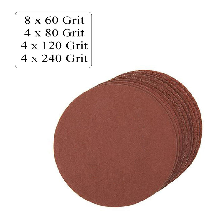 20 x Assorted Grit Hook and Loop 125mm Plain Sanding Disc Sheets, Orbital Sander