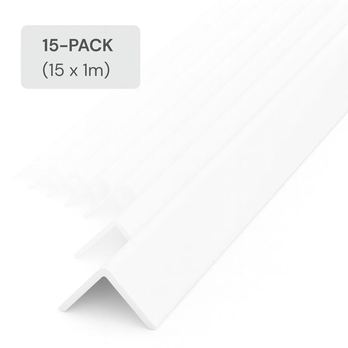 15 Pack White 1 Metre UPVC Plastic Rigid Angle 25 x 25mm Corner Cover Trim 90 Degree