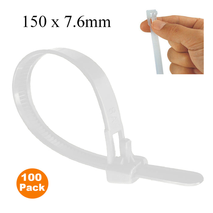 100 x Natural Releasable Cable Ties  Size: 150 x 7.6mm