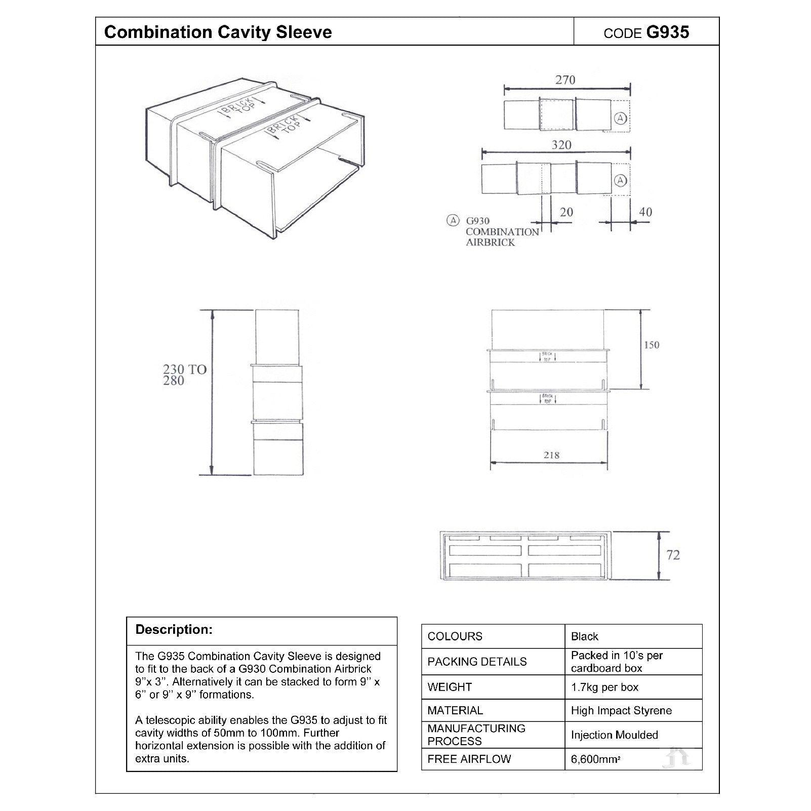Telescopic Adjustable Underfloor Cavity Wall Vents with Airbricks G960
