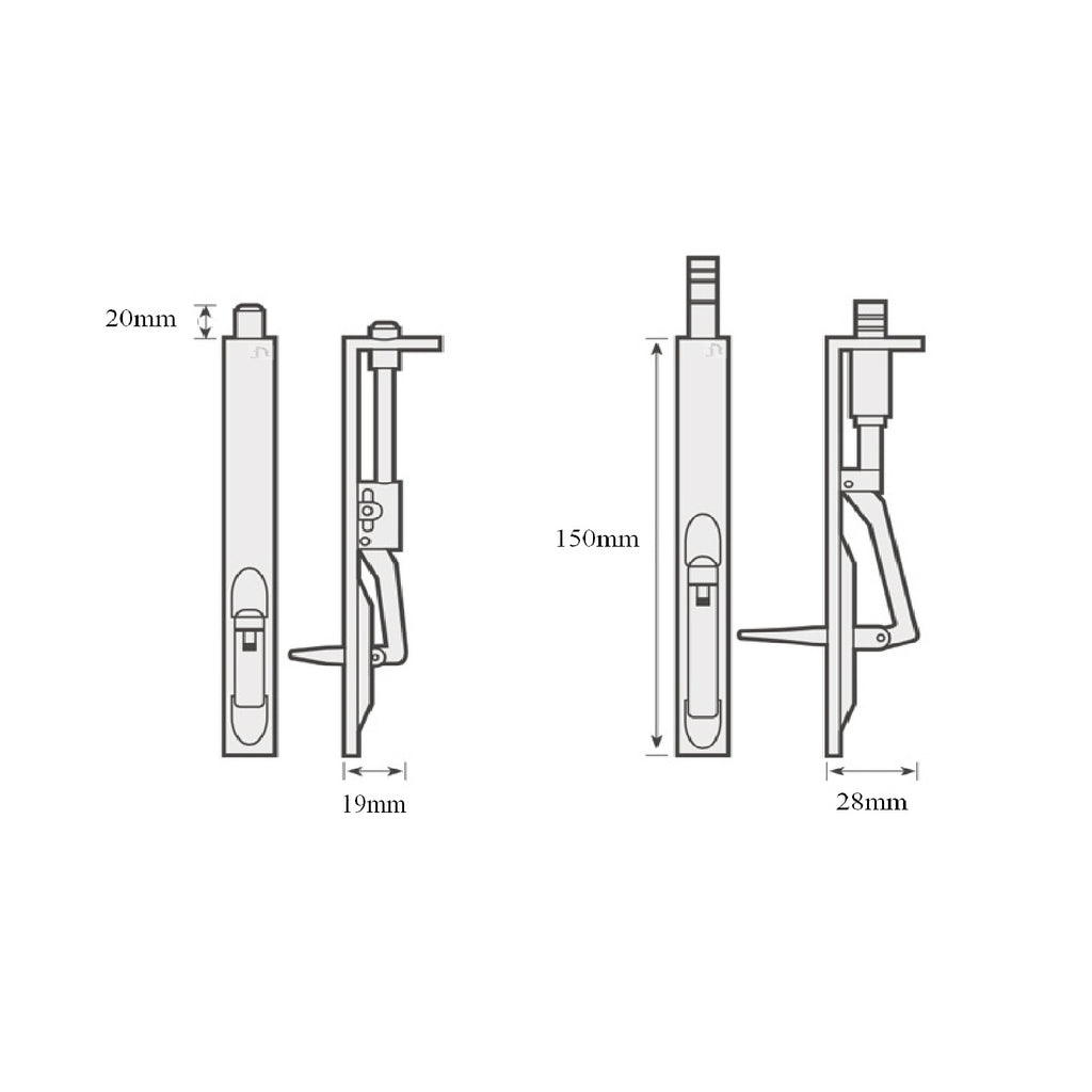 Flush Bolt Door Lock, Polished Brass, 150mm Lever Slide Locking Action